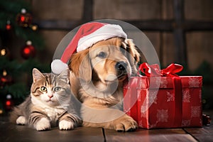 Cute dog and cat together near christmas tree and gifts