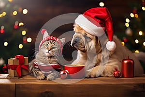 Cute dog and cat together near christmas tree and gifts