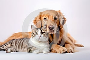 Cute dog and cat together on white background