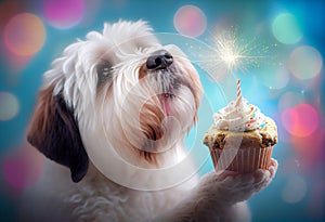 Cute dog celebrates birthday with cupcake on festive bokeh background. Generate Ai.