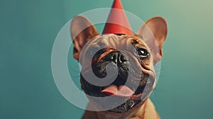 Cute dog celebrating with red party hat and blowout on blue background