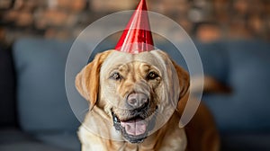 Cute dog celebrating with red party hat and blowout on blue background