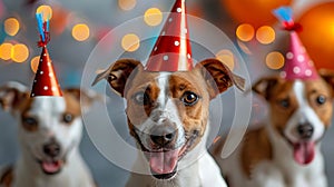 Cute dog celebrating with red party hat and blowout on blue background