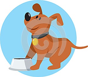 Cute Dog Character with Food Bowl Vector Cartoon Icon Design