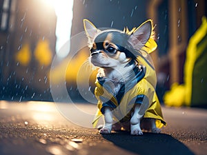 Cute dog chihuahua breed wearing yellow rainjacket outside in city on background. Dog vacation relax concept. Generative Ai