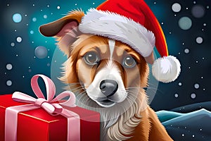 Cute dog with Christmas hat and gift box