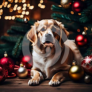 Cute dog with christmas tree and decorations balls and various gifts