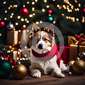 Cute dog with christmas tree and decorations balls and various gifts