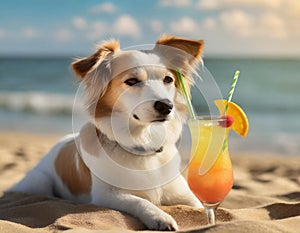 Cute dog with coctail relaxing on sandy beach near sea. Summer vacation with pet