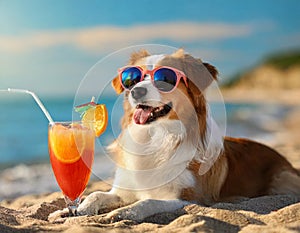 Cute dog with coctail relaxing on sandy beach near sea. Summer vacation with pet