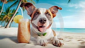 Cute dog with coctail relaxing on sandy beach near sea. Summer vacation with pet. Space for advert