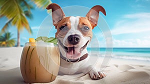 Cute dog with coctail relaxing on sandy beach near sea. Summer vacation with pet. Space for advert