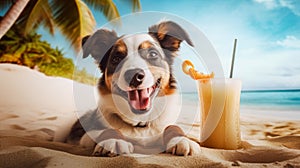 Cute dog with coctail relaxing on sandy beach near sea. Summer vacation with pet. Space for advert