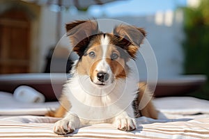 cute dog collie or sheltie puppy lying on the bed and looking at the camera