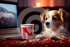 Cute dog with a cup of coffee and laptop on the sofa, A cute dog watches a movie on a laptop screen, creating an adorable scene,