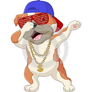 Cute dog dabbing dance wearing sunglasses, hat, and gold necklace
