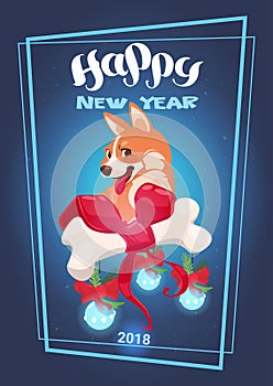 Cute Dog With Decorated Bone Over Happy New Year Lettering 2018 Asian Symbol