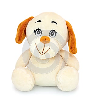 Cute dog doll isolated on white background with shadow reflection. Playful bright brown dog sitting on white underlay.