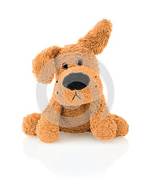 Cute dog doll isolated on white background with shadow reflection. Playful bright brown dog sitting on white underlay.