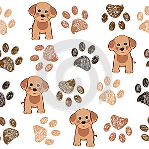 Cute dog and doodle paw prints brown paws pattern