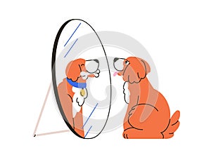 Cute dog dreamer looking at mirror reflection, imagining bone. Funny happy doggy, puppy dreaming, wishing food