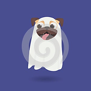 Cute dog dress up ghost suit. Little happy pug puppy in Halloween costume. Ghost Costumes for Dogs. Vector cartoon illustration