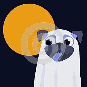 Cute dog dress up ghost suit in night. Little happy pug puppy in Halloween costume on backgraund with big moon . Ghost Costumes