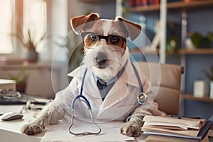 A cute dog dressed up as a pet doctor with a bright office environment in a pet hospital