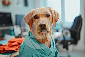 A cute dog dressed up as a pet doctor with a bright office environment in a pet hospital