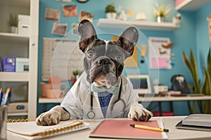 A cute dog dressed up as a pet doctor with a bright office environment in a pet hospital