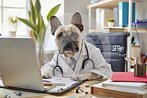 A cute dog dressed up as a pet doctor with a bright office environment in a pet hospital