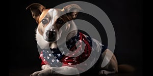 Cute dog dressed in US national colors. July 4th is Independence Day of the United States of America. Generative AI