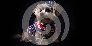 Cute dog dressed in US national colors. July 4th is Independence Day of the United States of America. Generative AI