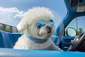 Cute Dog Driving a Blue Car while Wearing Sunglasses. AI