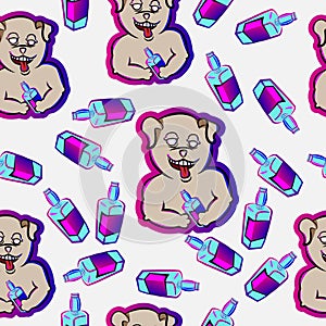 Cute dog drunk, hangover holding a bottle of alcohol hallucinations hand drawn seamless pattern cartoon , can be used for t-shirt