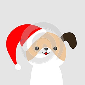 Cute dog face in red Santa hat. Merry Christmas. Funny kawaii doodle baby animal. Cute cartoon funny character. Puppy pooch. Pet