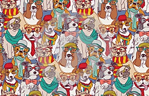 Cute dog fashion hipster seamless pattern.