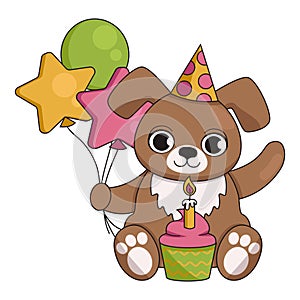 Cute dog in a festive cap with a cupcake and a burning candle and balloons. Happy birthday.