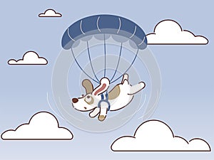 Cute dog are flying on parachutes