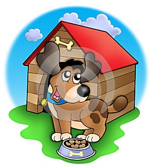 Cute dog in front of kennel photo