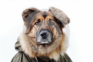 Cute dog German shepherd with soldier costume for military army isolated on white background, funny moment, pet concept, with