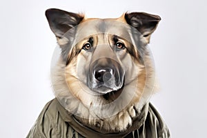 Cute dog German shepherd with soldier costume for military army isolated on white background, funny moment, pet concept, with