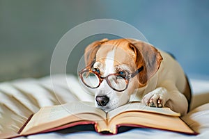 Cute dog in glasses reading a book on neutral background