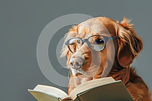 Cute dog in glasses reading a book on neutral grey background