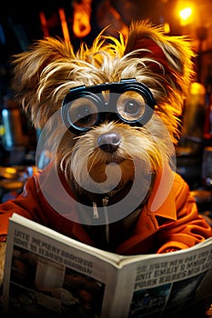 Cute dog with glasses reading the newspaper. Learning the news