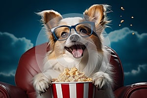 Cute dog with glasses watching a movie with popcorn.