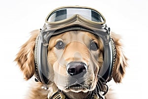 Cute dog Golden retriever with captain pilot costume for flying with airplane isolated on white background, funny moment, pet
