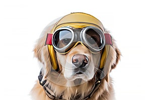 Cute dog Golden retriever with captain pilot costume for flying with airplane isolated on white background, funny moment, pet