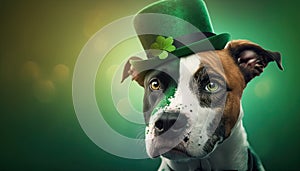 Cute Dog with Green St. Patrick's Day Hat on a blurred colored background. Generative AI