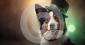 Cute Dog with Green St. Patrick's Day Hat on a blurred colored background. Generative AI